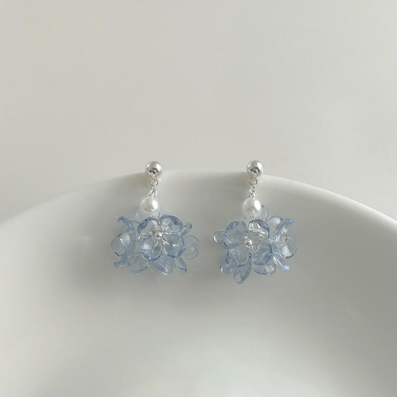 Fresh Blue Floral Pearl Stud Earrings - Elegant, Girly, High-End, Versatile Fashion Accessory