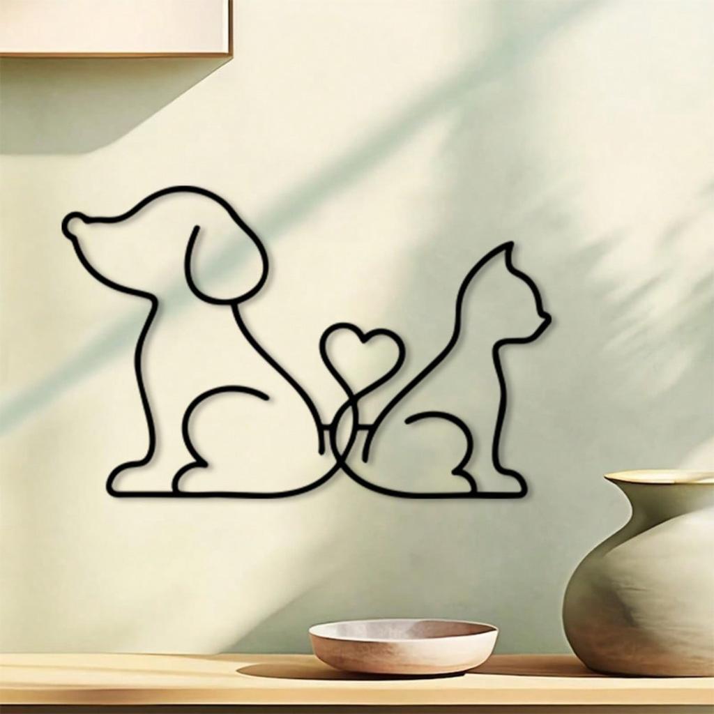 Metal Pet Lover Wall Art Black Line Dog Cat Heart Sculpture Modern Home Decor Gift for Pet Owner