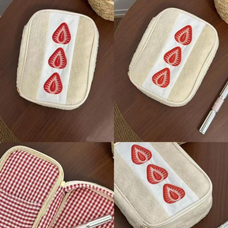 Cute Embroidered Strawberry Pencil Case Portable Stationery Pen Box Multi Functional Large Capacity Makeup Bag Storage Bag