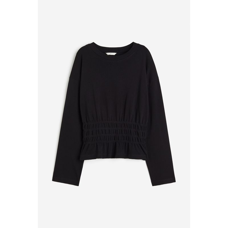 

HM Women s T-shirt Autumn Soft Fashion Casual Pop Waist Pleated Long Sleeves Tops 1191705 Black 155/80A