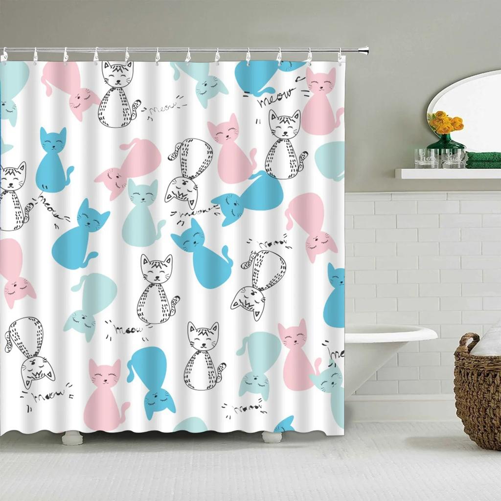 Cartoon Cute Shower Curtain, Funny Animals Cat Rainbow Colorful Butterfly Kids Boys Girls Bathroom Bathtub Screen Decoration