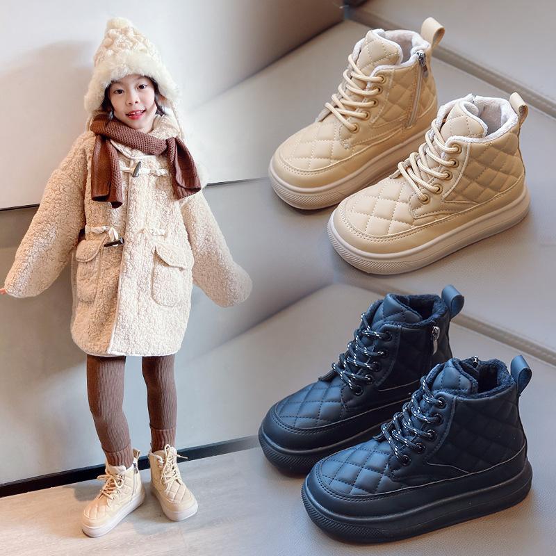 [Warm Lined Kids Martin Boots for Fall Winter Korean Boys Girls Cotton Boots Classic Plaid Mid Calf Boots]