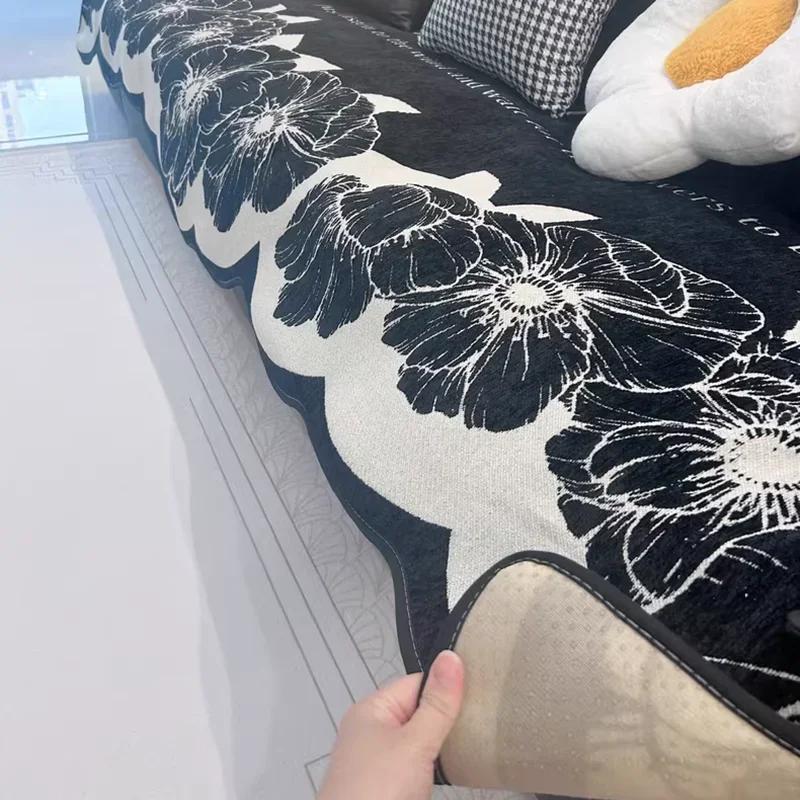 1PC Chenille Sofa Cover for Living Room Black Flower Shaped Sofa Towel Nordic Non Slip Couch Covers L Shaped Sofa Mat Seat Pad
