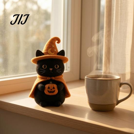 Rustic Autumn Tiered Tray Decor Halloween Wooden Witch Statue, Retro Felt Style Black Cat Ghost Decorative Figures Bat for Shelf Desk, Spooky Festive
