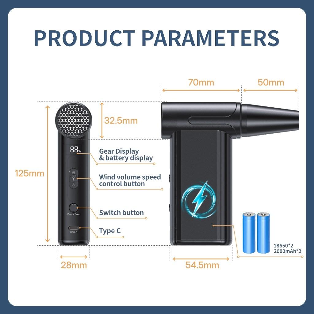 

Беспроводной 2-в-1 Турбо-вентилятор и пылесос Регулируемый 8-скоростной электрический воздуходув Портативный очиститель пыли для путешествий на открытом воздухе