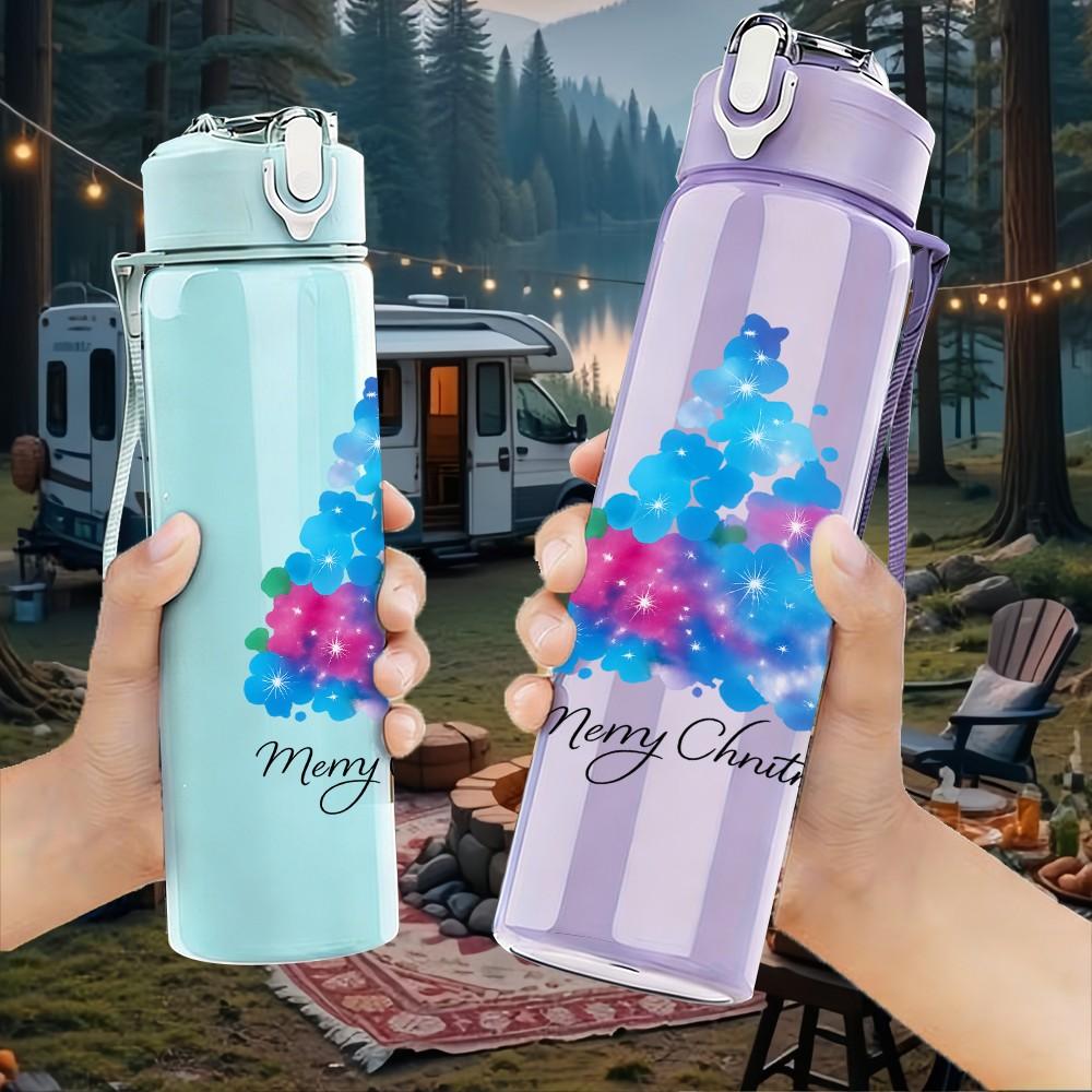 1PC Watercolor Christmas Tree Art 750ml Color Plastic Sports Water Bottle Leakproof Flip Straw Lid Suitable for Sports Office Home Use