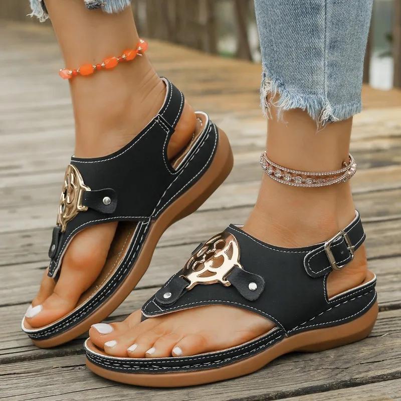 Fashion Women's Sandals Wedge Heel One-line Buckle Metal Decoration Women's Shoes Leisure Roman Retro 4.5cm Heel High Sandalias De Mujer