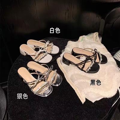 [sheii Su Yinyin] Foot On the Galaxy~ Rhinestone Bow Thick Heel Slippers Women's Sandals Wear Summer