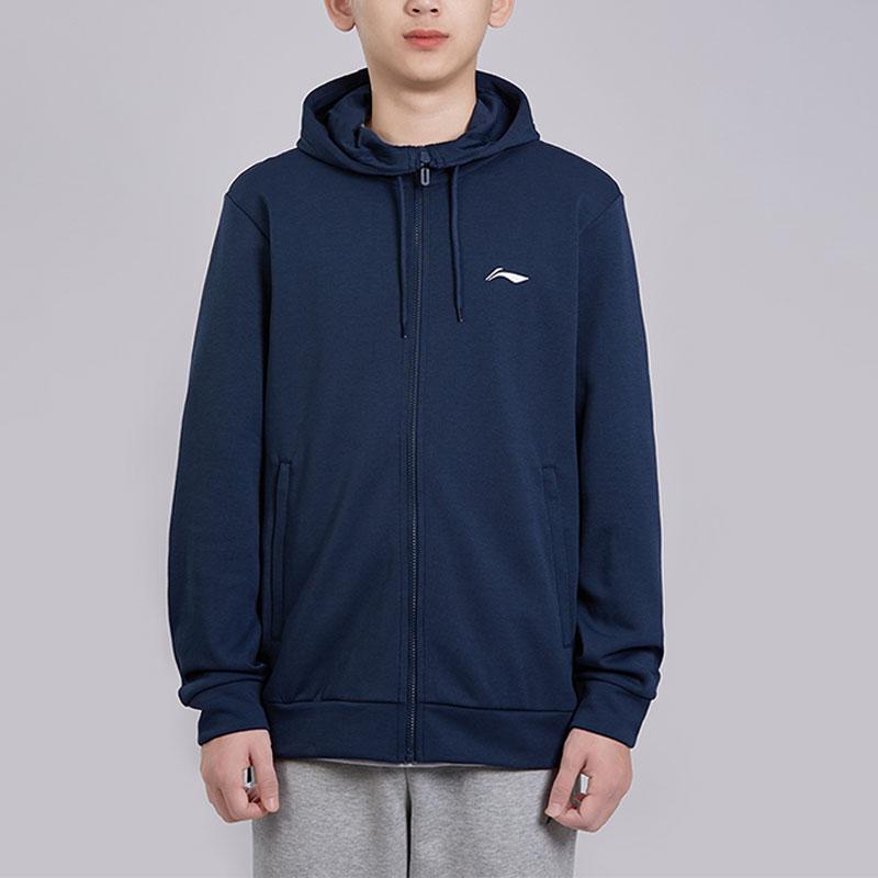 Li Ning Badminton Series Solid Color Hooded Running Training Jacket Men Jackets Navy-Blue AWDTD73-3