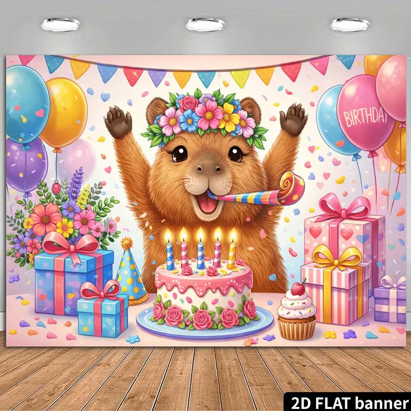 

2D Cute Capybara Birthday Backdrop, Flower Crown & Cake Photography Background 47.2x31.5inch/120*80cm