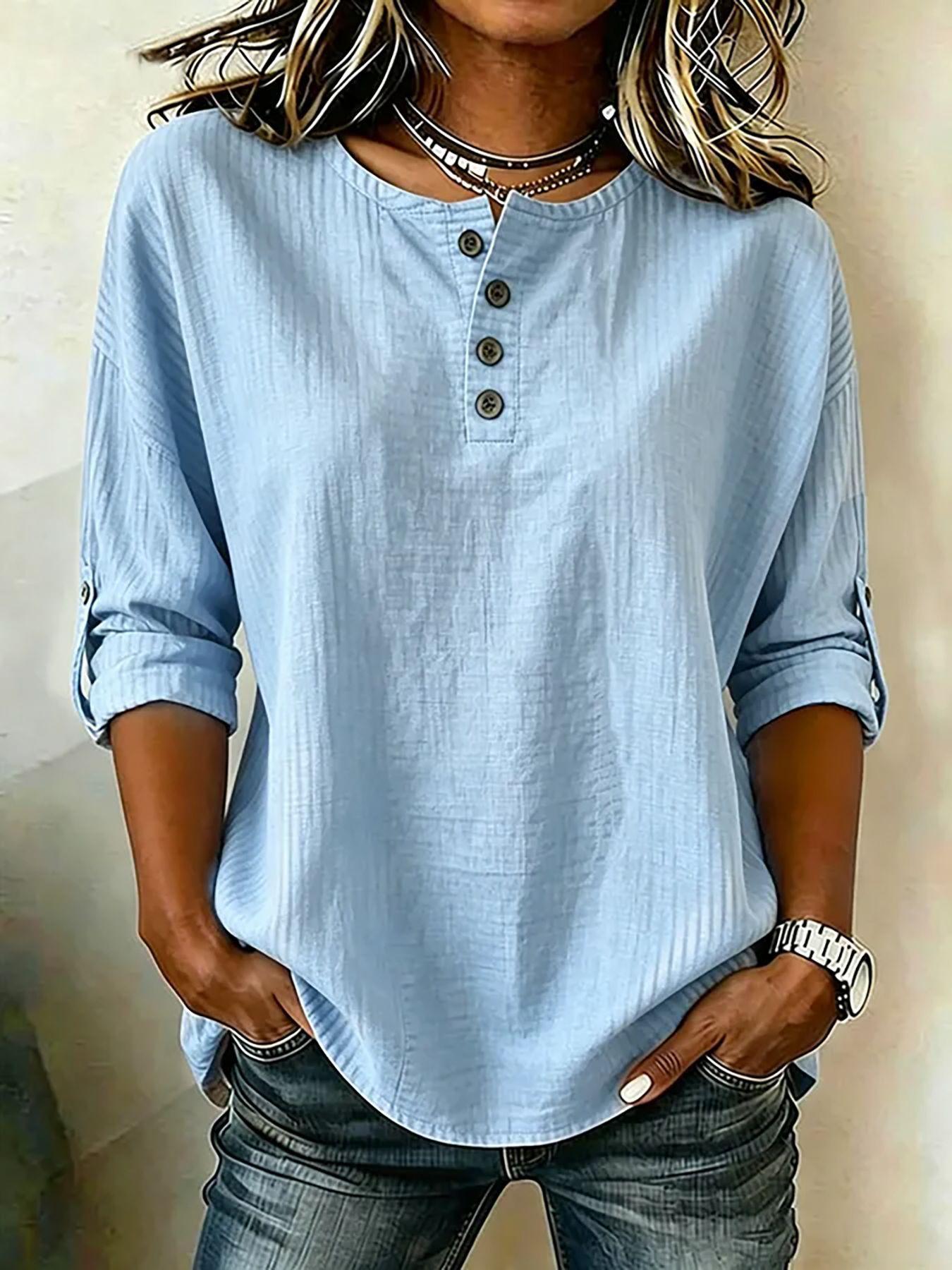 Cross-border Europe, America, Amazon 2026 new women s summer solid color cool and breathable curled seven-quarter sleeve top S небесно-голубой