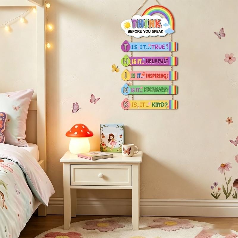 Spraakherinnering Houten Wandbord Klaslokaal met Wolkenprint, Denk Na Voordat Je Spreekt Hangbord voor Kinderkamer of Counselingkantoor
