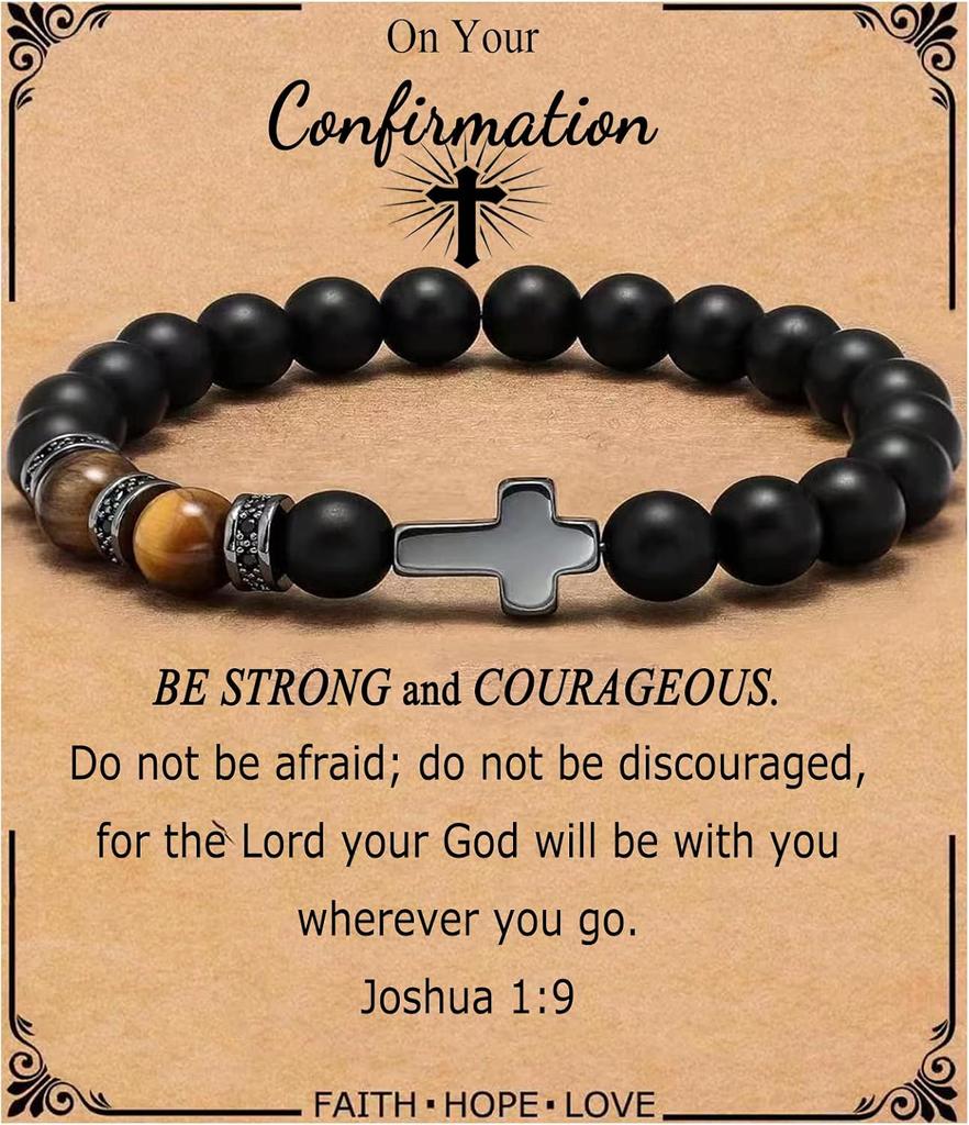 Kreuz Armband für Männer Sohn Bruder Taufe Kommunion Geburtstag Jahrestag Weihnachten Christlich Schwarze Tigerauge Perlen Schmuck