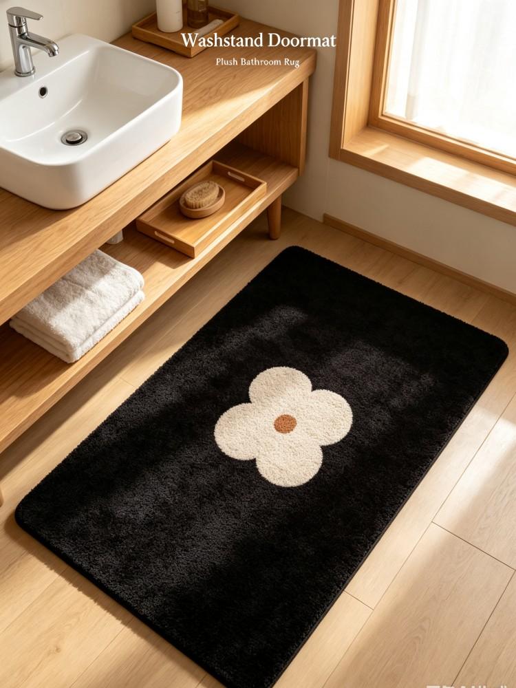 Soft Flocking Flower Bathroom Mat Non‑Slip Absorbent Bath Rug Black Beige Floral Doormat Floor Carpet For Shower Room Home Decor