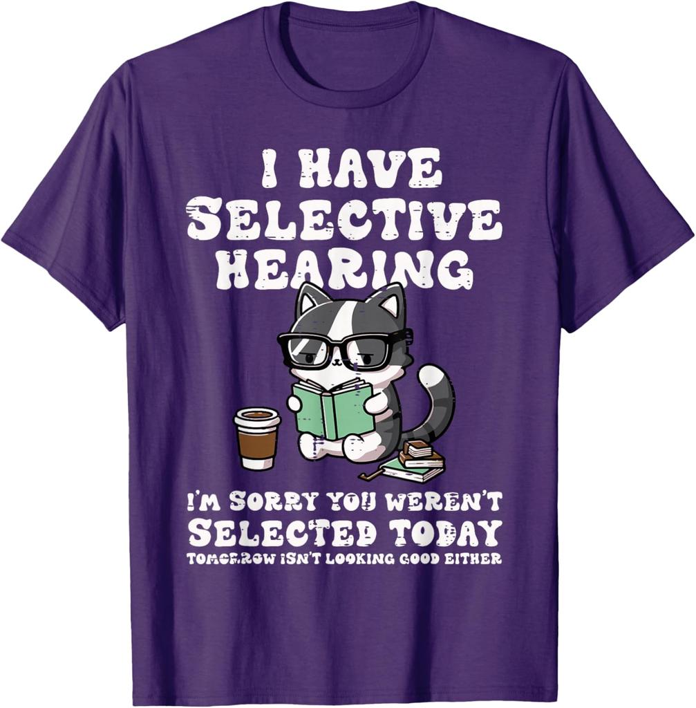 Funny Selective Hearing Cat Reading Graphic Tee Casual Cotton Short Sleeve TShirt for Men