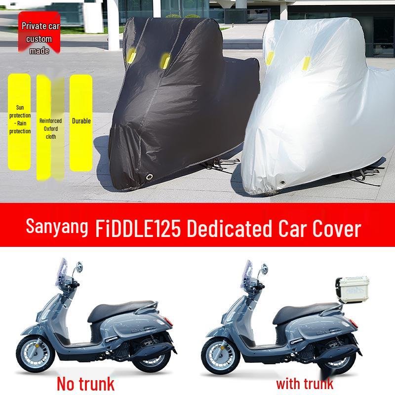 Sanyang Fiddle125 Motorcycle Cover: Thickened Sunshade, Rain & Snow Protection, Dustproof With Rear Box - Silver
