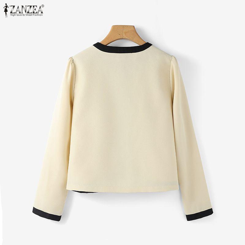 ZANZEA Women Casual Round Neck Splice Long Sleeve Blouse