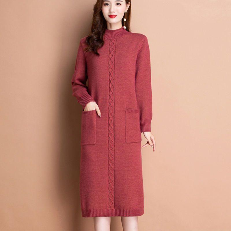 Autumn Winter Women's Half Turtleneck Knit Dress Slim Fit Solid Color Pullover Long Sweater Dress