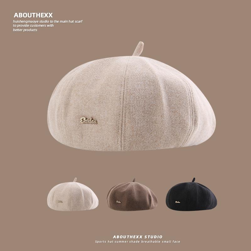 New Autumn and Winter Woolen Metal Beret Women's Korean Retro Literary Sweet Face Small Octagonal Hat Trendy