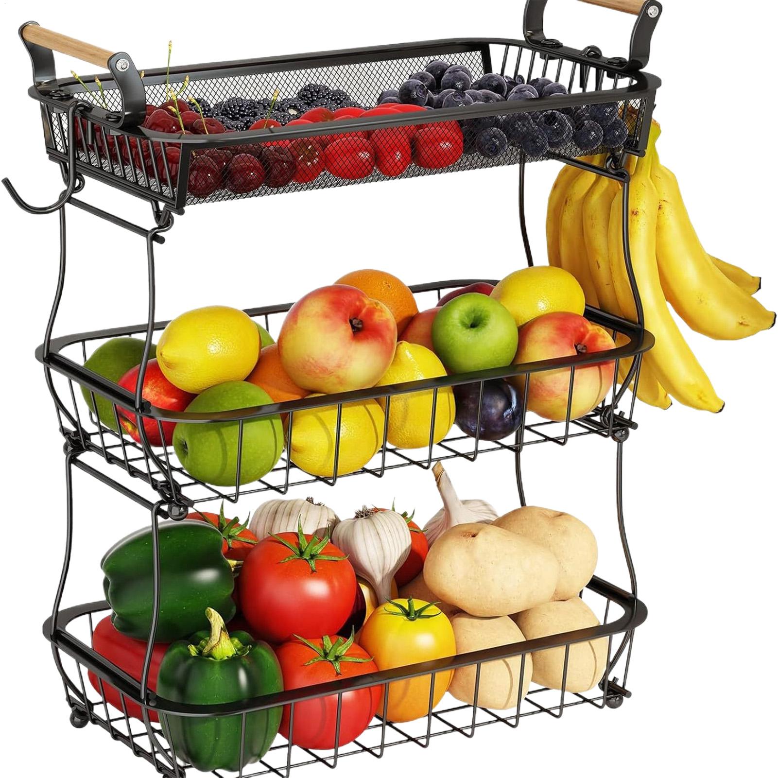 

3-ярусная металлическая фруктовая корзина с крючками для бананов Металлический проволочный органайзер для хранения Держатель для фруктов для овощей, хлеба, закусок, кладовой CN