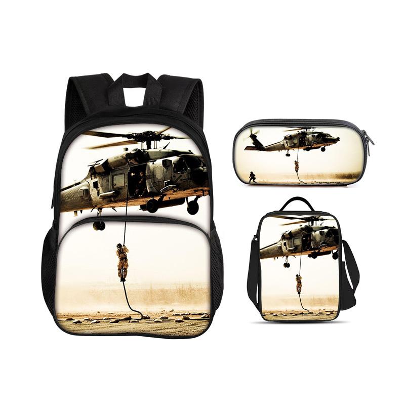 Helicopter Round Front Bag Backpack, Pencil Case, Ice Pack, 3Pcs Set, Mechanical Printing Best Gift for Boys and Girls In School