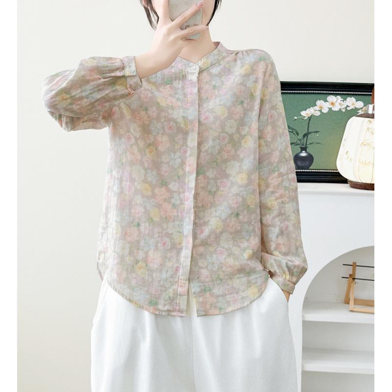 Spring 2026 Women's Printed Cotton Gauze Long Sleeve Stand Collar Cardigan Shirt