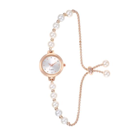 

Женские часы со стразами и браслетом, регулируемый ремешок из искусственного жемчуга, круглый циферблат, женские повседневные наручные часы для торжественного платья, кварцевые модные ювелирные изделия, аксессуар