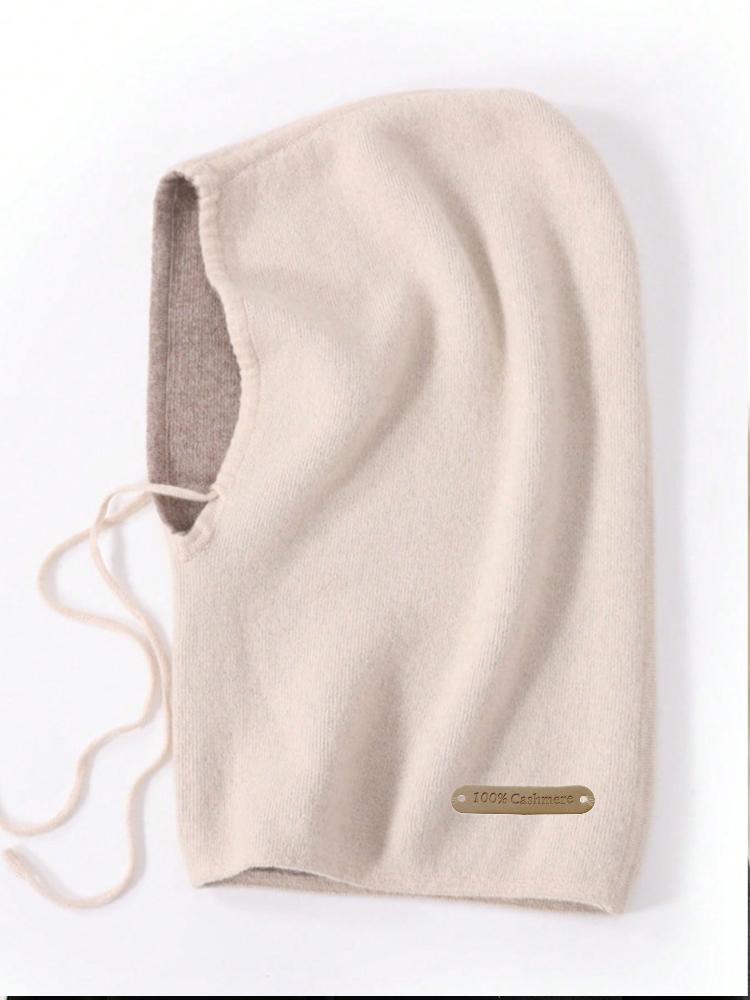 Ladies' 100% Cashmere Double-Sided Balaclava Hat With Label For Autumn&Winter Warmth Solid Color Drawstring Pullover Knitted Hat
