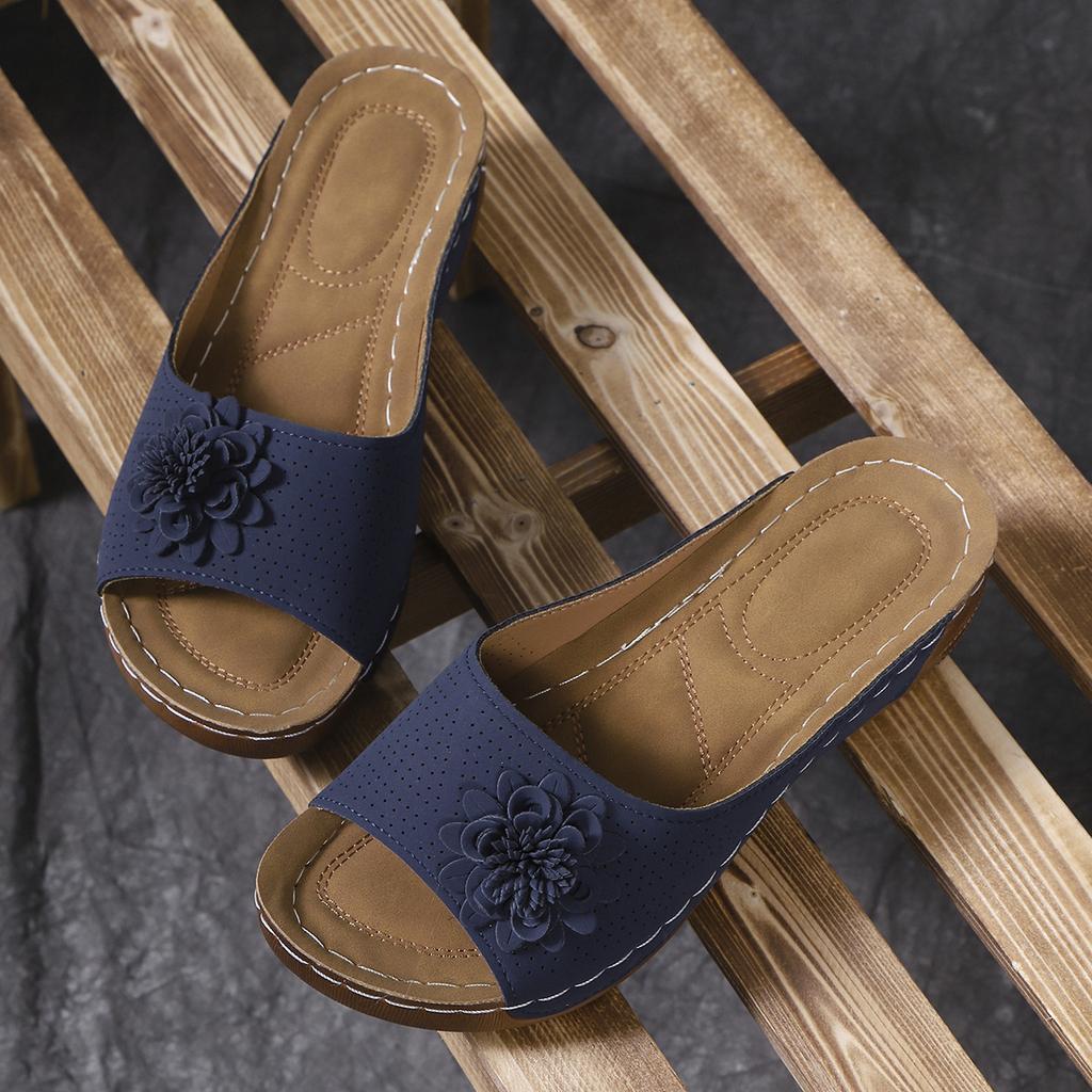 South East Asia Large Size Thick Bottom Hollow One-Word Slippers Open-toed Flower Slope Heel Beach Cool Slippers