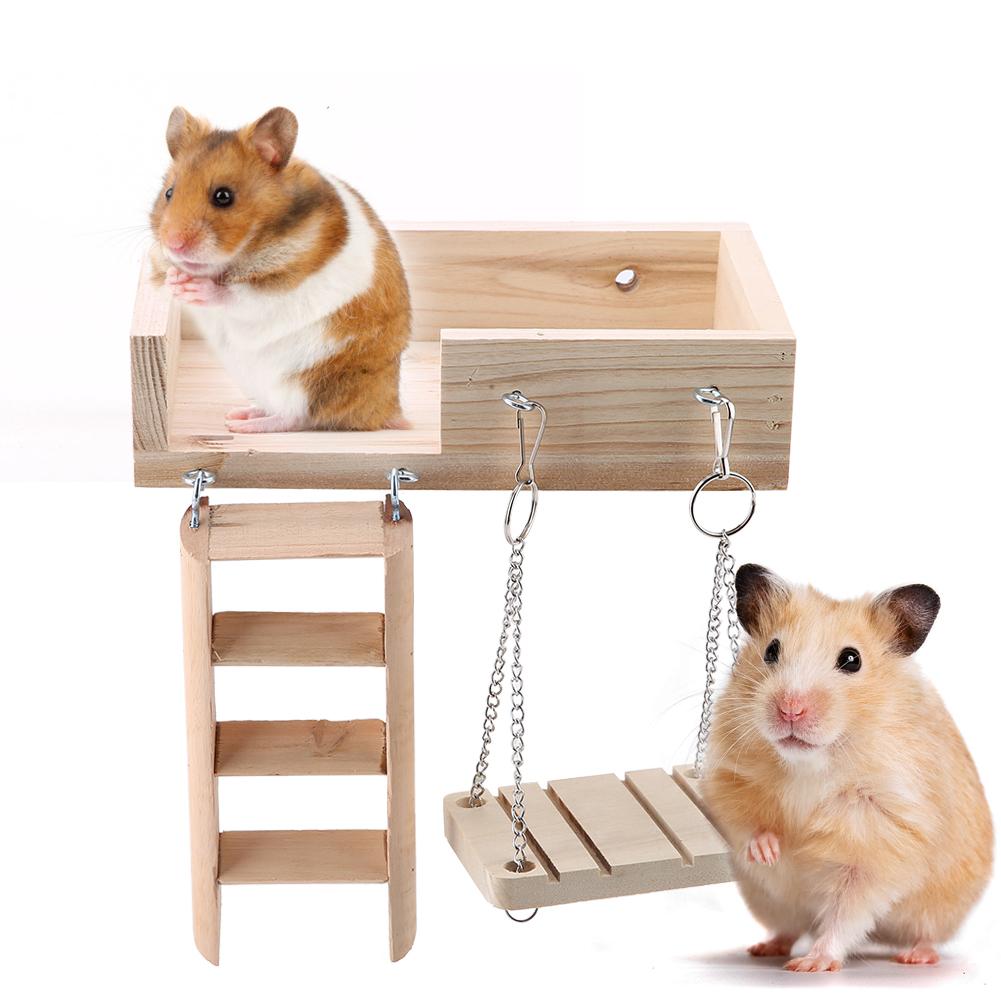 3Pcs Wooden Hamster Crawling Ladder Funny Swing Platform Toys Set for Small Pet