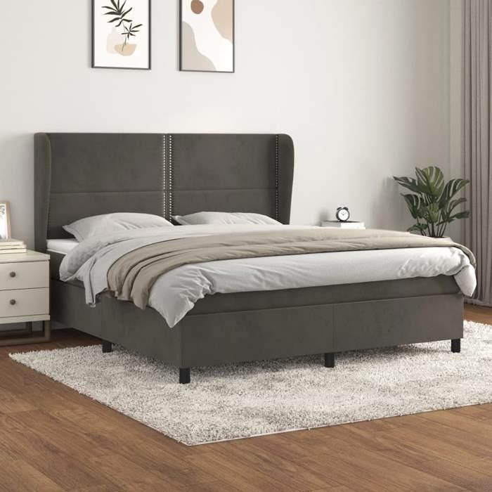 3129166 vidaXL Lit à sommier tapissier et matelas Gris foncé 180x200cm Velours