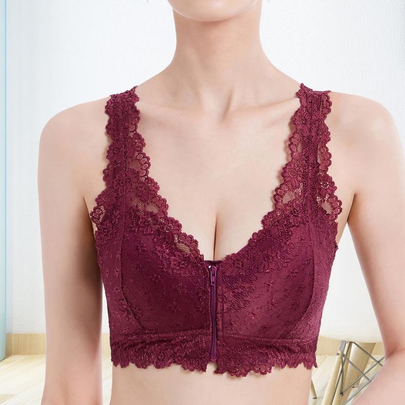 Front Buckle Underwear Sexy Lace Bra Gather Large Bust Large Size Front Zipper Women's Bra