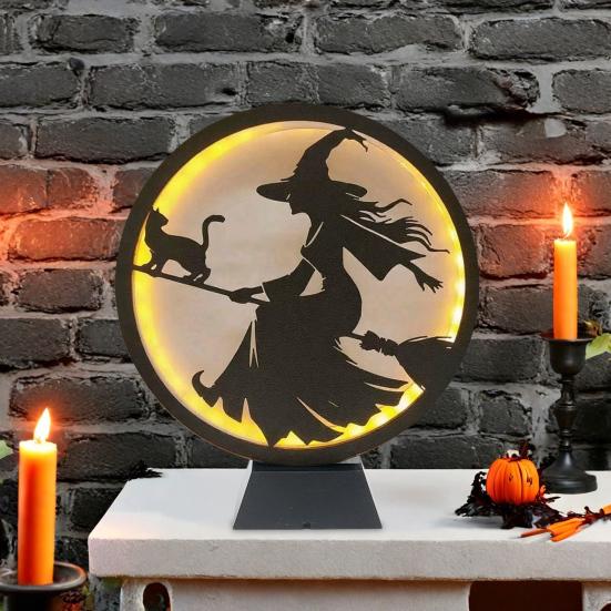 Halloween LED Lantern Wooden Desktop Light Witch Pumpkin Spider Cat Designs Silhouette Ornament Spooky Tabletop Home Party Decoration