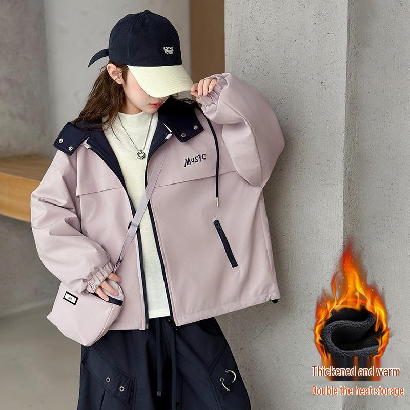 

Девичье двустороннее зимнее пальто на флисовой подкладке 2025: Модный, Плотный, Теплый, Ветрозащитный плащ с капюшоном 160 cm светло-фиолетовый