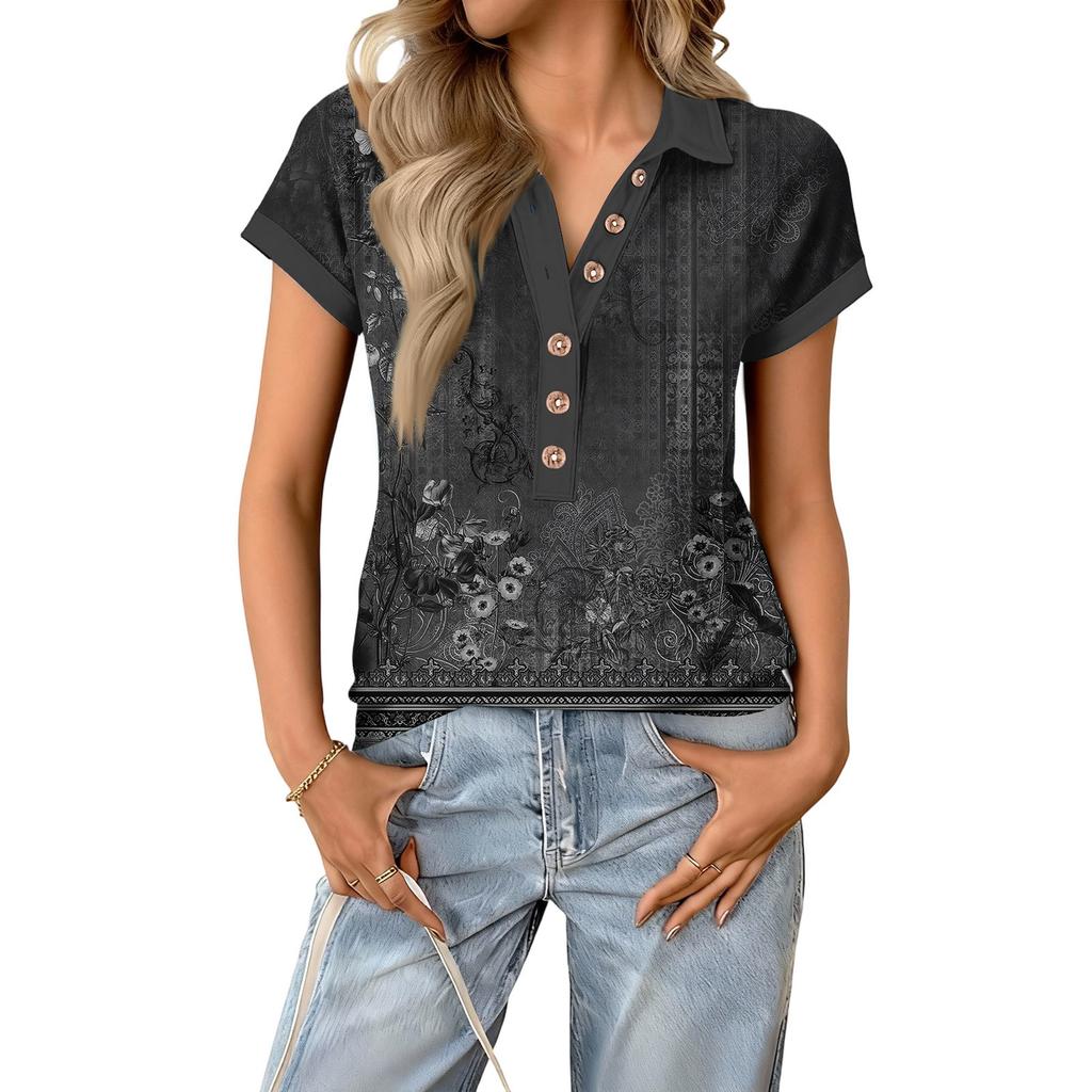 Modny i casualowy damski letni top z dekoltem V, patchworkowy, z krótkim rękawem, w stylu retro z nadrukiem