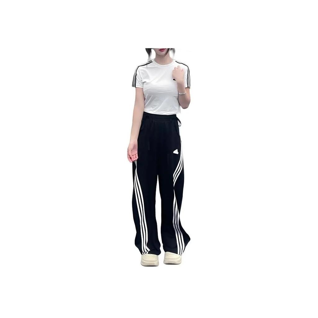 Adidas Originals Loose Fit Striped Long Sleeve Sweatshirt And Pants Set Women Sets Black GK9078JV9943
