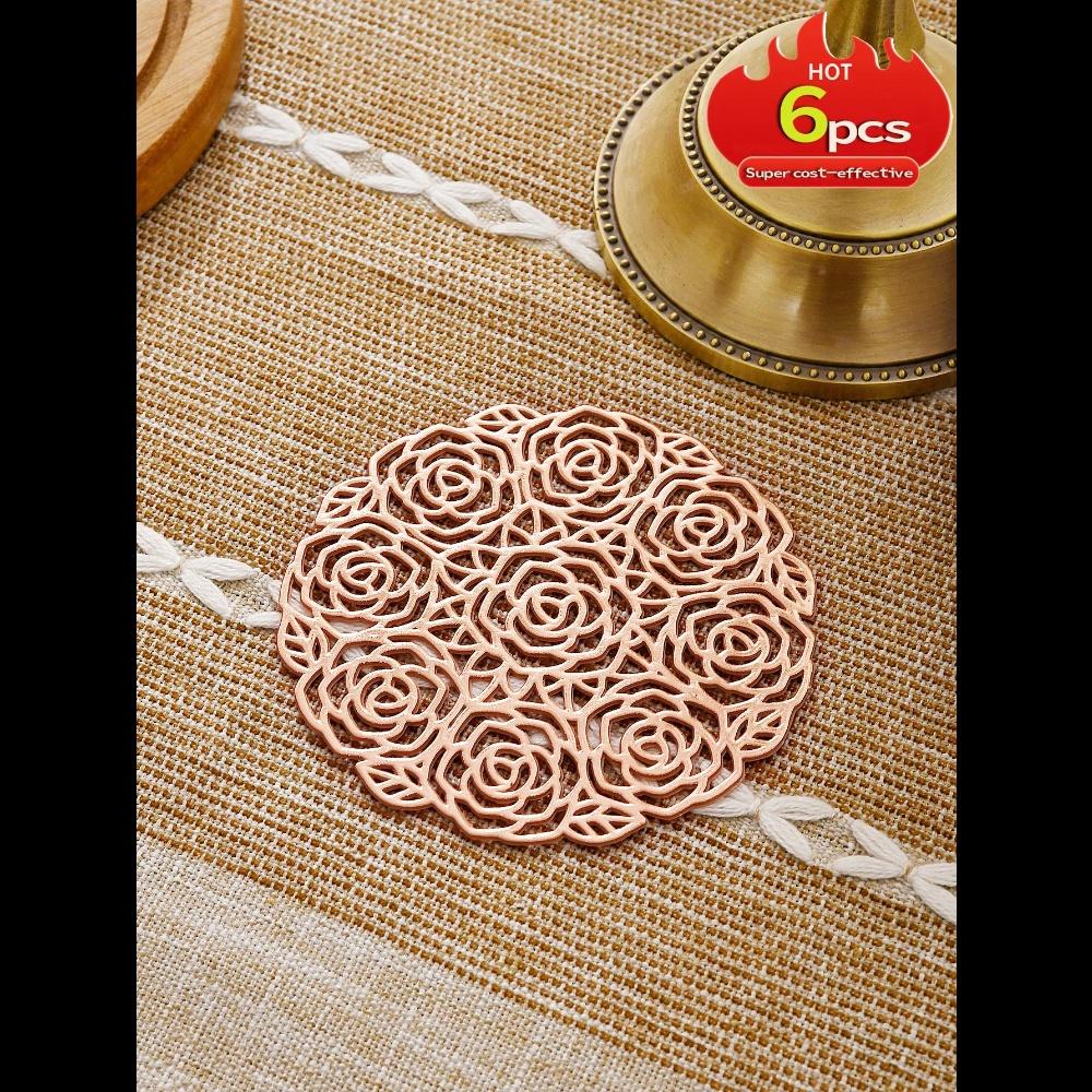 1pc Cocktail Coasters, Round Rose Hollow Coasters, Washable, Easy To Clean, Non-Slip, Heat-Resistant Suitable For Dining Table Decor, Home Decor
