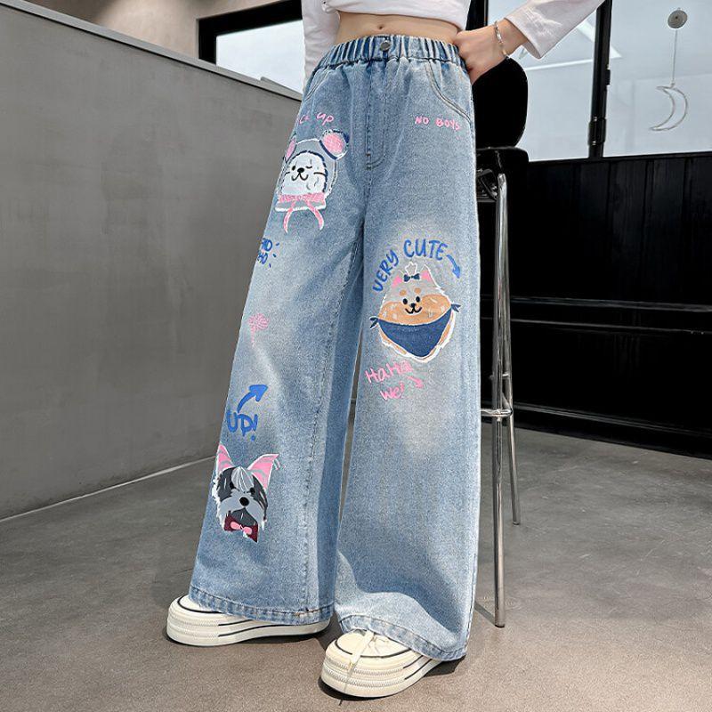 Cartoon Mode Muster Jeans für Mädchen Lose Gerade Denim Hosen Schöne Druck Kinder Frühling Herbst Korea Stil Lange Hosen