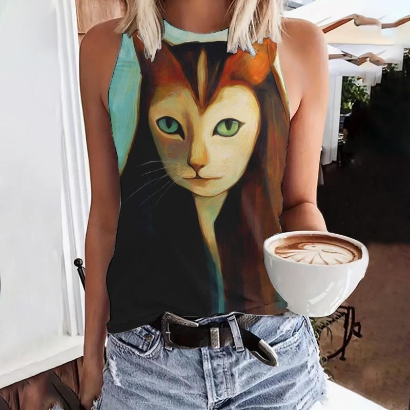 Summer Funny Face Cat 3D Print Tank Tops Women Fashion Streetwear Oversized O-Neck Oest Off Shoulder Sleeveless Woman Camisole
