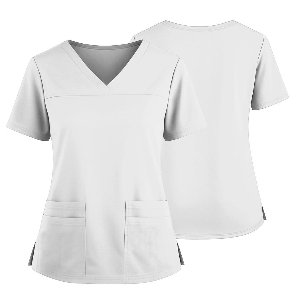 Women's Uniform Color V-Neck Pocket Side Slit Uniform Short Sleeved Top Top