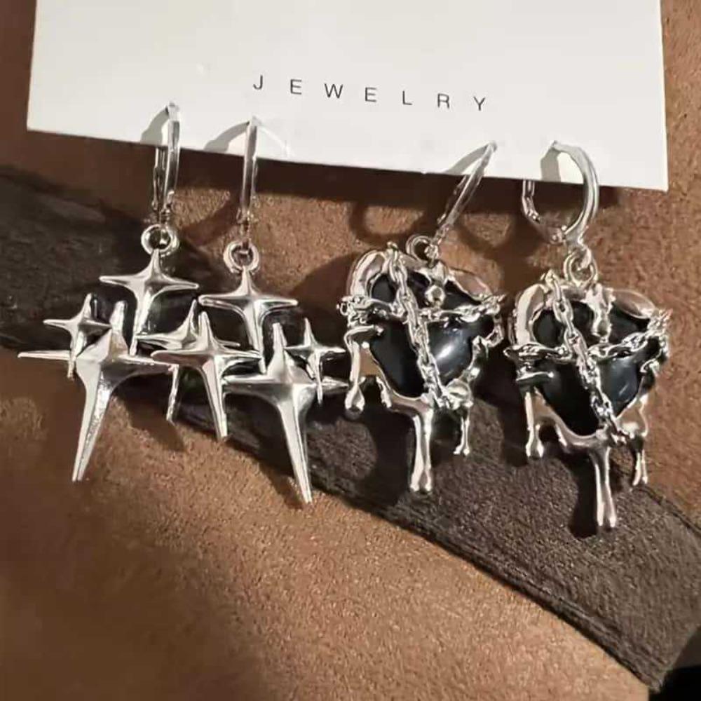 Y2K Gothic Silver Color Liquid Metal Thorny Heart-shaped Star-shaped Pendant Dangle Earrings for Women Hip-hop Punk Jewelry Gift