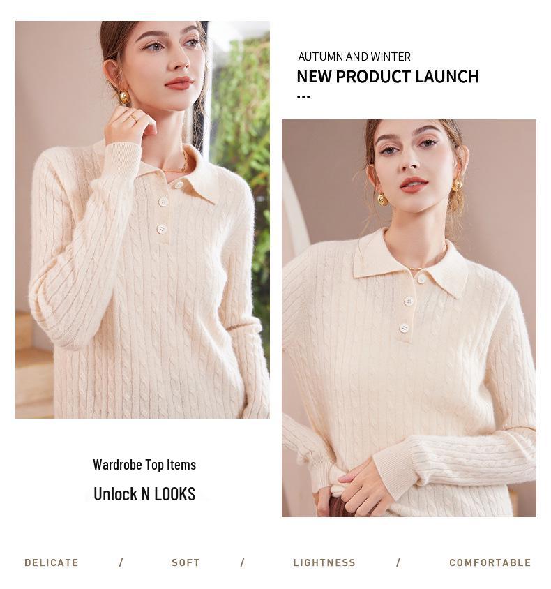 2024 Autumn/Winter Women's Casual Loose Korean Style Cable Knit Polo Collar Sweater