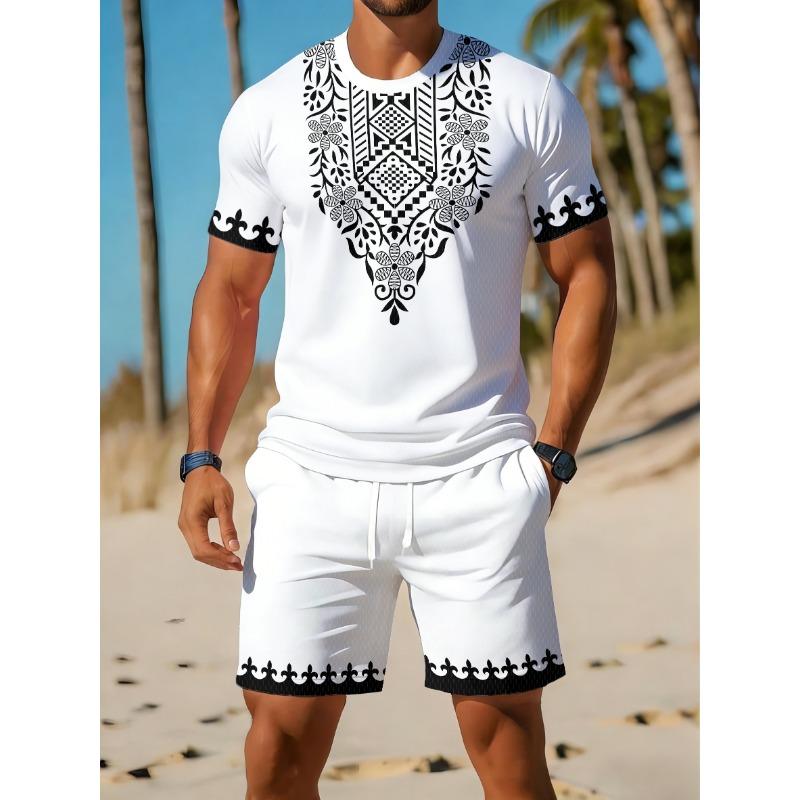 Men s Summer Ethnic Set: Short Sleeve Tee & Matching Shorts with Blue Tribal Print. Loose Fit Big Size Streetwear for Beach & Daily Wear S белый