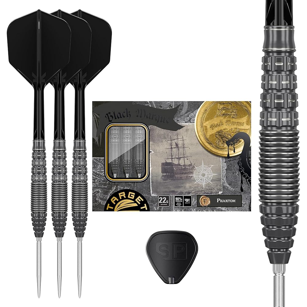 Target Japan BLACK MARQUE LITE PHANTOM 90% SP STEEL TIP DARTS | 90% Tungsten K-Flex Steel Tip Darts Set, 22G | K-Flex No. 6 Shape Flights and Shafts,