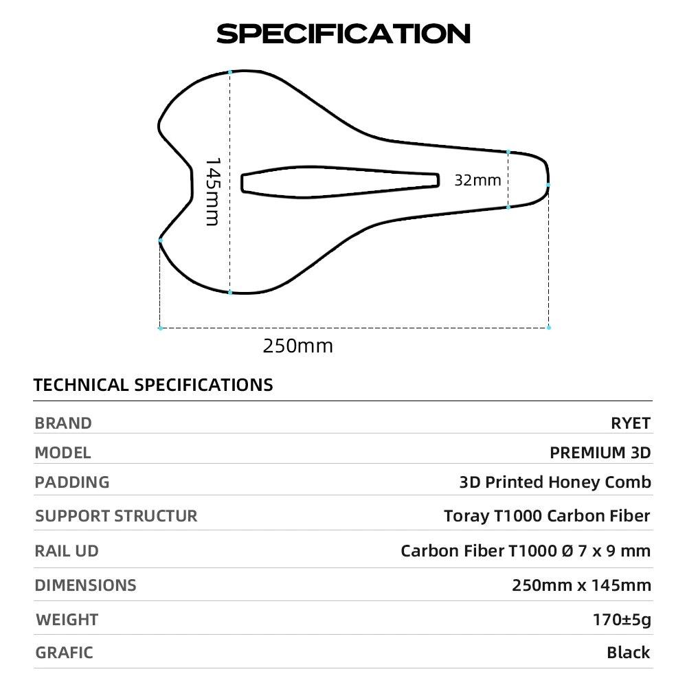 RYET Ultralight Carbon 3D-printed Bike Saddle Gravel Cycling Saddle Bicycle Saddle For Men Women Triathlon Road MTB Mountain