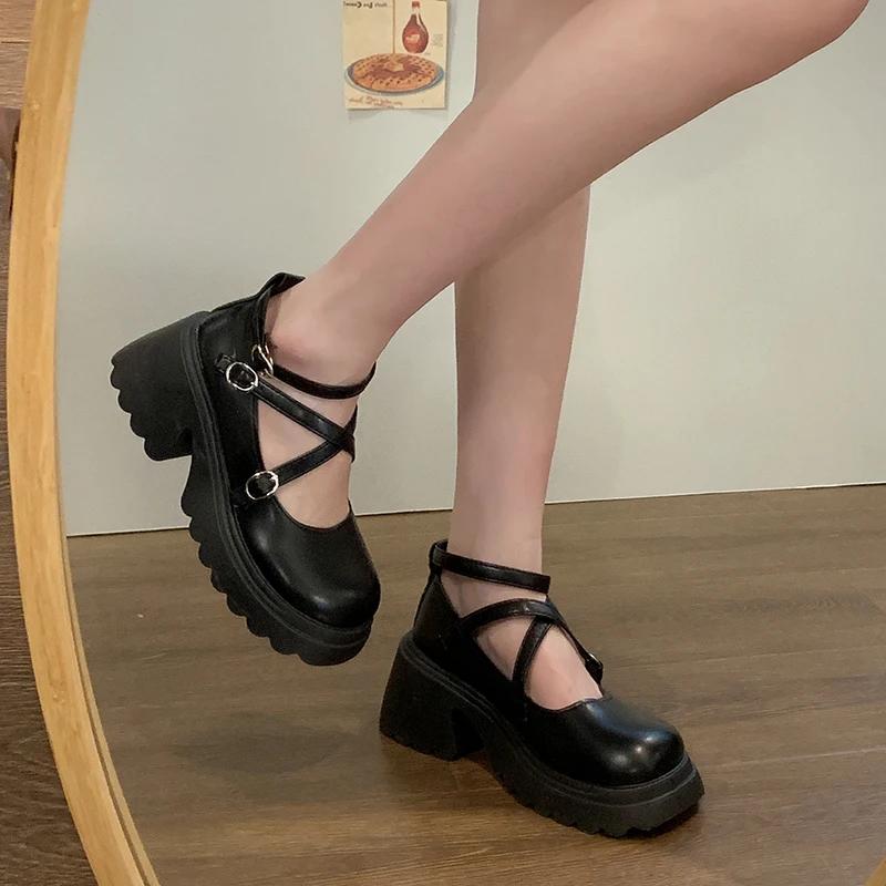 fashion 2024 High Quality Shoes for Women Buckle Women's Pumps Autumn British Style Round Toe Shallow Solid Dress Chunky Heels Loafers