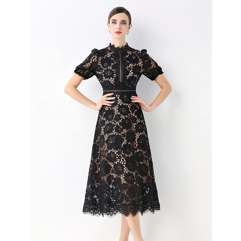High Quaity Solid Lace Hollow Out Summer Dress for Women Elegant Stand Collar Short Sleeve Slim Midi Dresses
