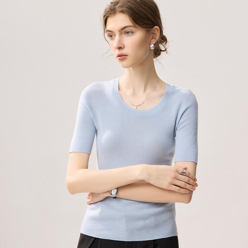 Womens 100% Wool Short Sleeve Sweater Slim Fit Round Neck Thin Knit Top