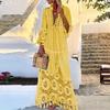 Women's Fashion Casual Long Sleeve Tassels Bohemian V-Neck Lace Plus Size Dress