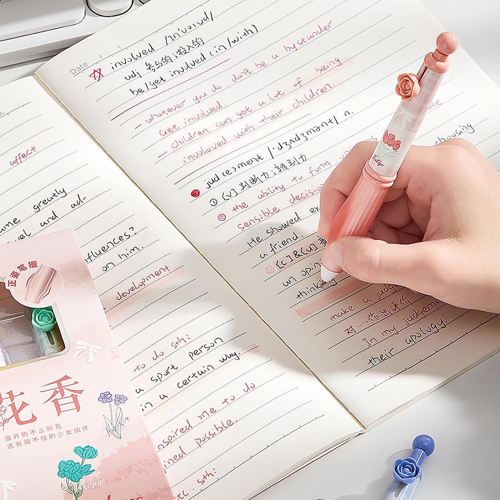 4pcs Lovely Flower Gel Pens Set, Pinch Grip Camellia Floral Pink Bowknot Star Dream Clip 0.5mm Black Color Ink for Writing